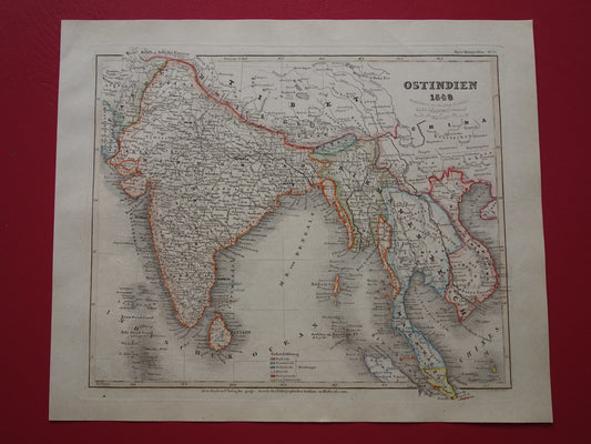 INDIA Oude kaart van India en Indochina uit 1849 originele antieke landkaart zuidoost Azië - vintage kaarten
