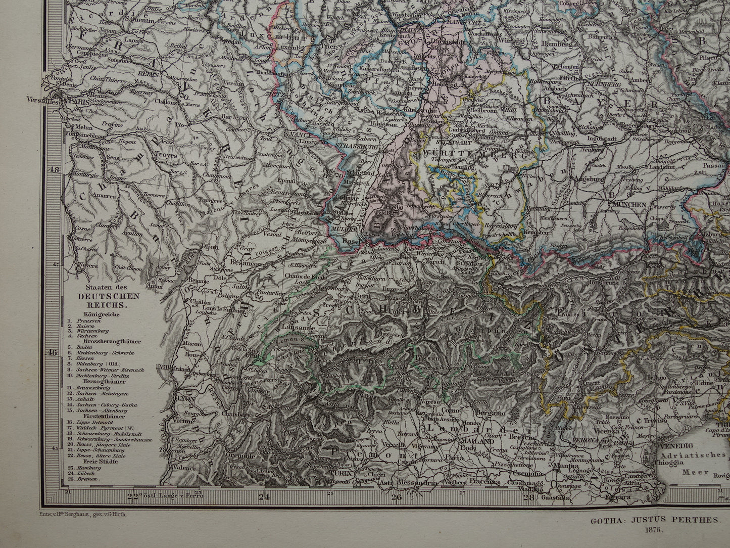 DUITSLAND Antieke landkaart van het Duitse Rijk in 1876 Grote originele 145+ jaar oude kaart Berlijn Pruissen Polen