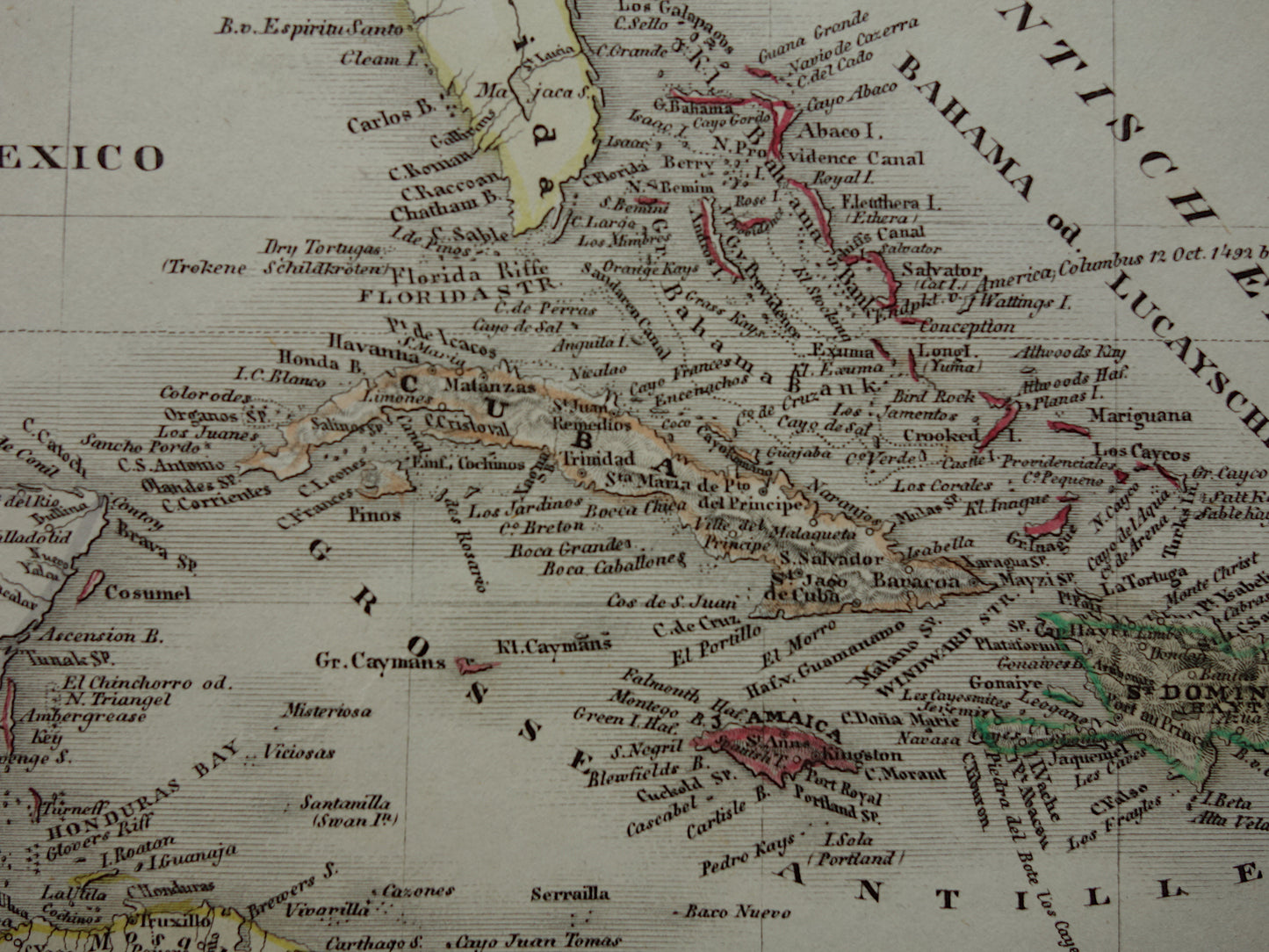 Oude kaart van ANTILLEN 175+ jaar oude handgekleurde landkaart Curaçao Aruba Cuba Haïti Puerto Rico Caribisch Gebied