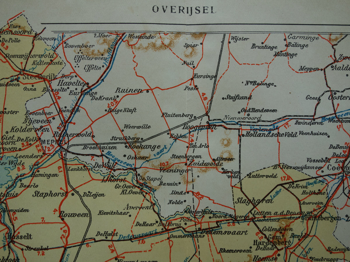 Overijssel Alte Karte der Provinz Overijssel aus dem Jahr 1928, original niederländische Vintage-Karte Deventer Zwolle
