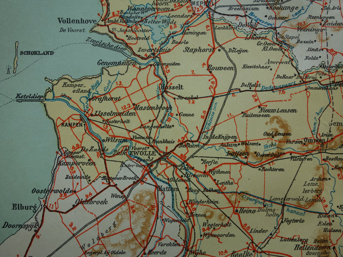Overijssel Alte Karte der Provinz Overijssel aus dem Jahr 1928, original niederländische Vintage-Karte Deventer Zwolle