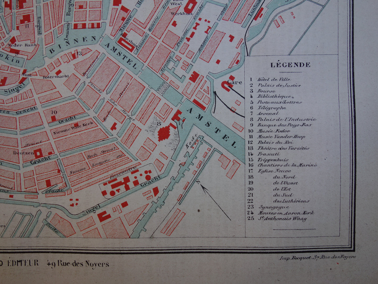 AMSTERDAM oude kaart van Amsterdam uit 1877 originele antieke Franse plattegrond Centraal Station