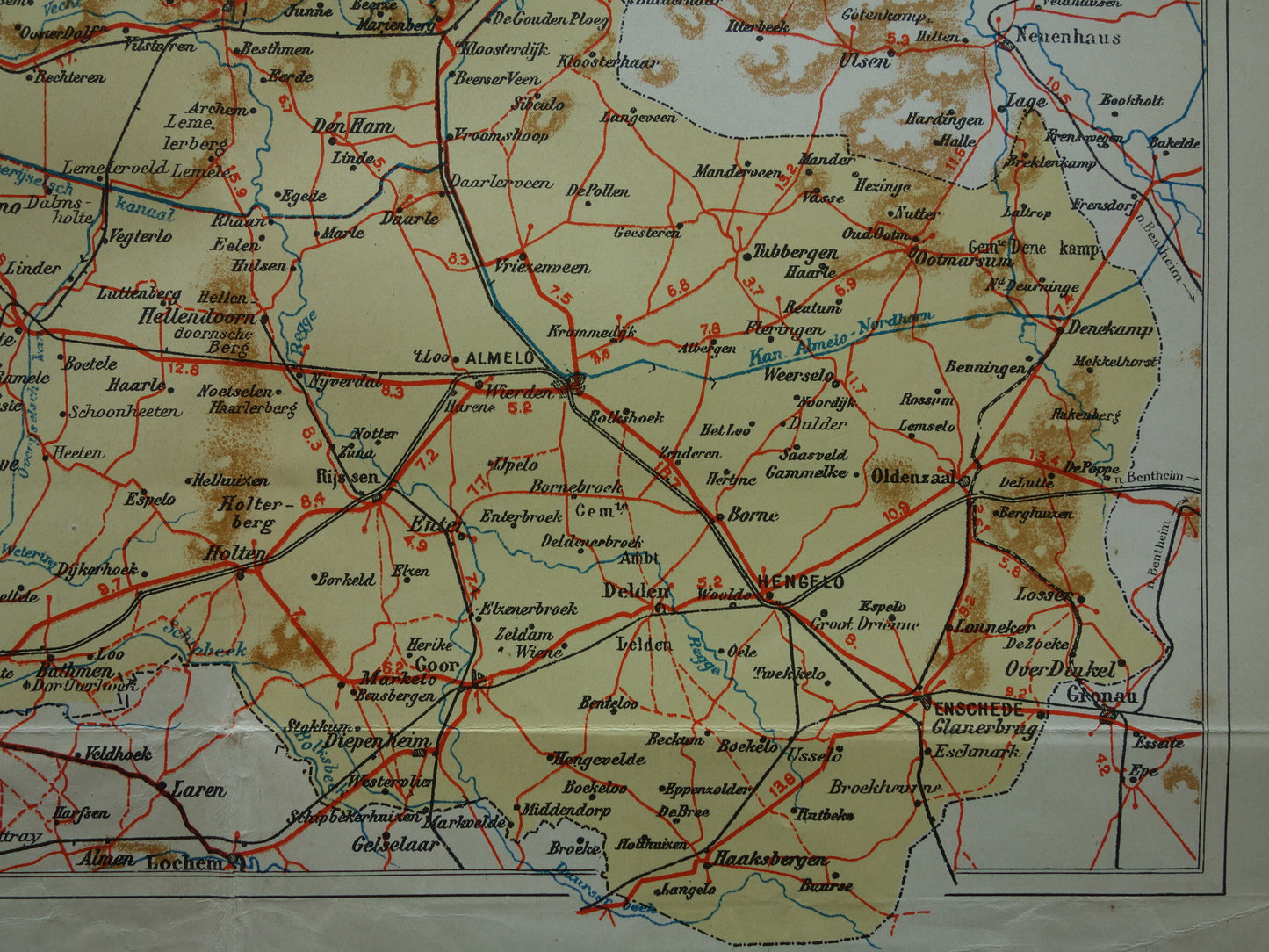 Overijssel Alte Karte der Provinz Overijssel aus dem Jahr 1928, original niederländische Vintage-Karte Deventer Zwolle