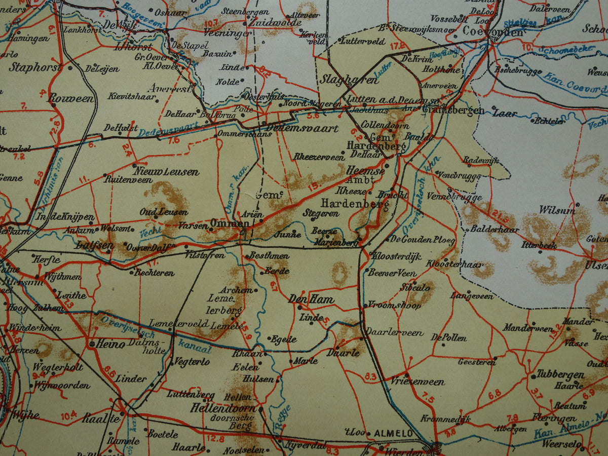Overijssel Alte Karte der Provinz Overijssel aus dem Jahr 1928, original niederländische Vintage-Karte Deventer Zwolle