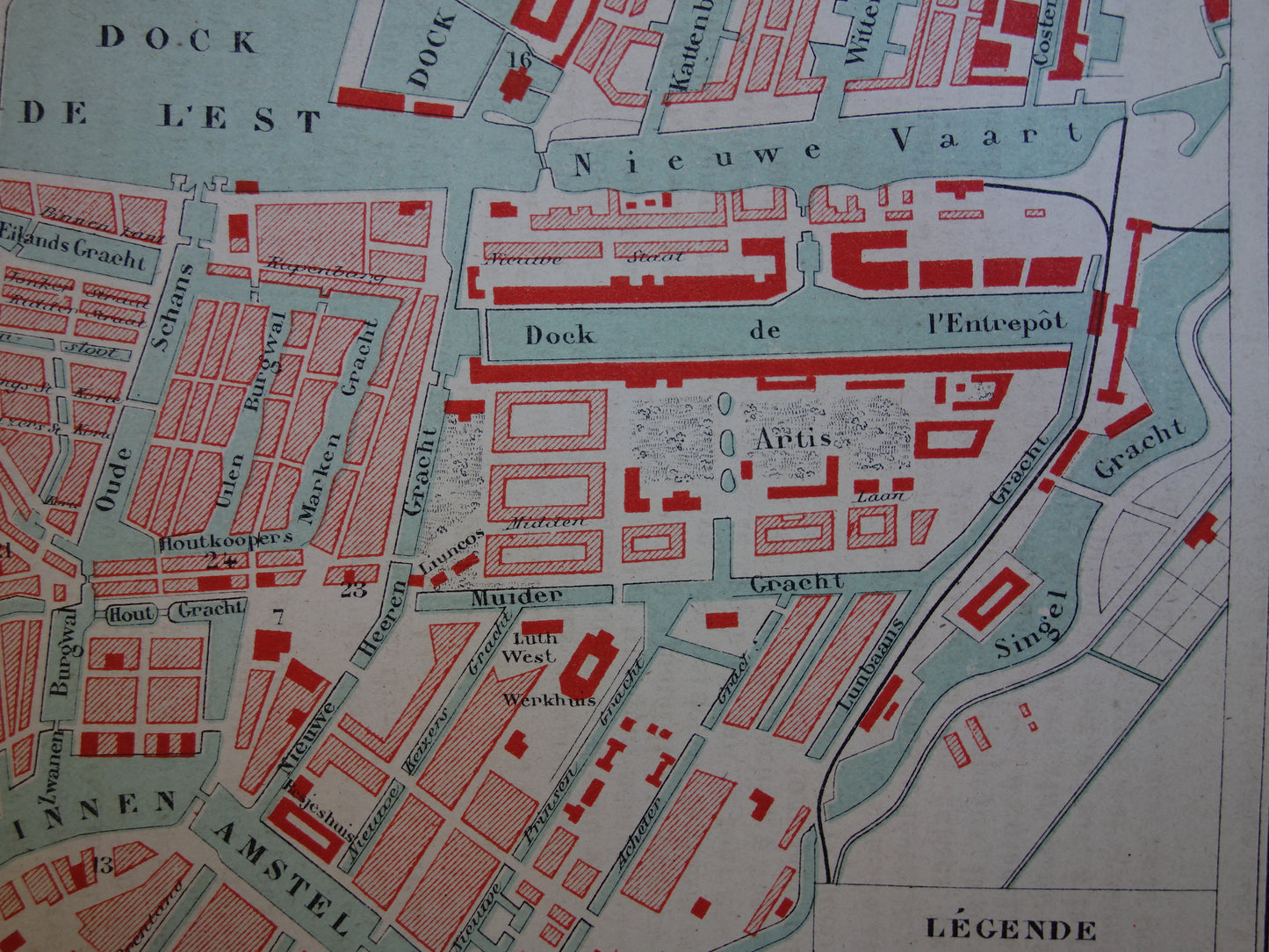 AMSTERDAM oude kaart van Amsterdam uit 1877 originele antieke Franse plattegrond Centraal Station