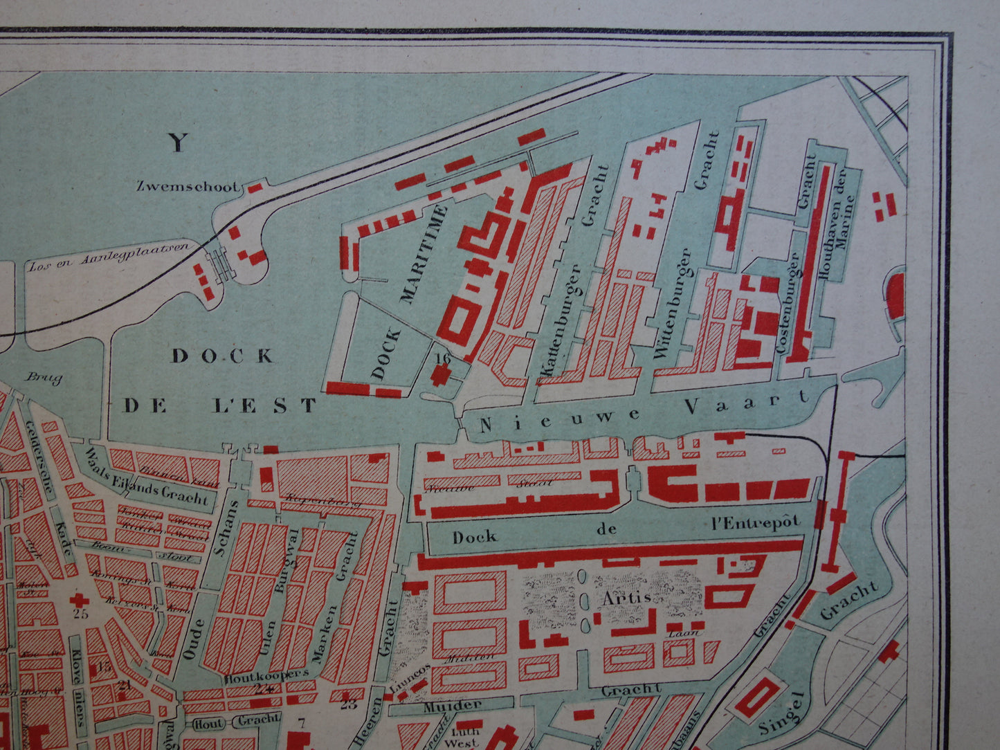 AMSTERDAM oude kaart van Amsterdam uit 1877 originele antieke Franse plattegrond Centraal Station