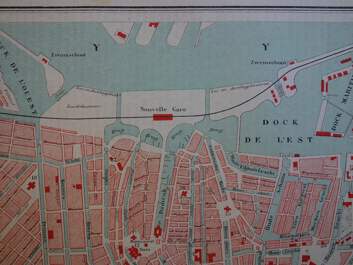 AMSTERDAM oude kaart van Amsterdam uit 1877 originele antieke Franse plattegrond Centraal Station