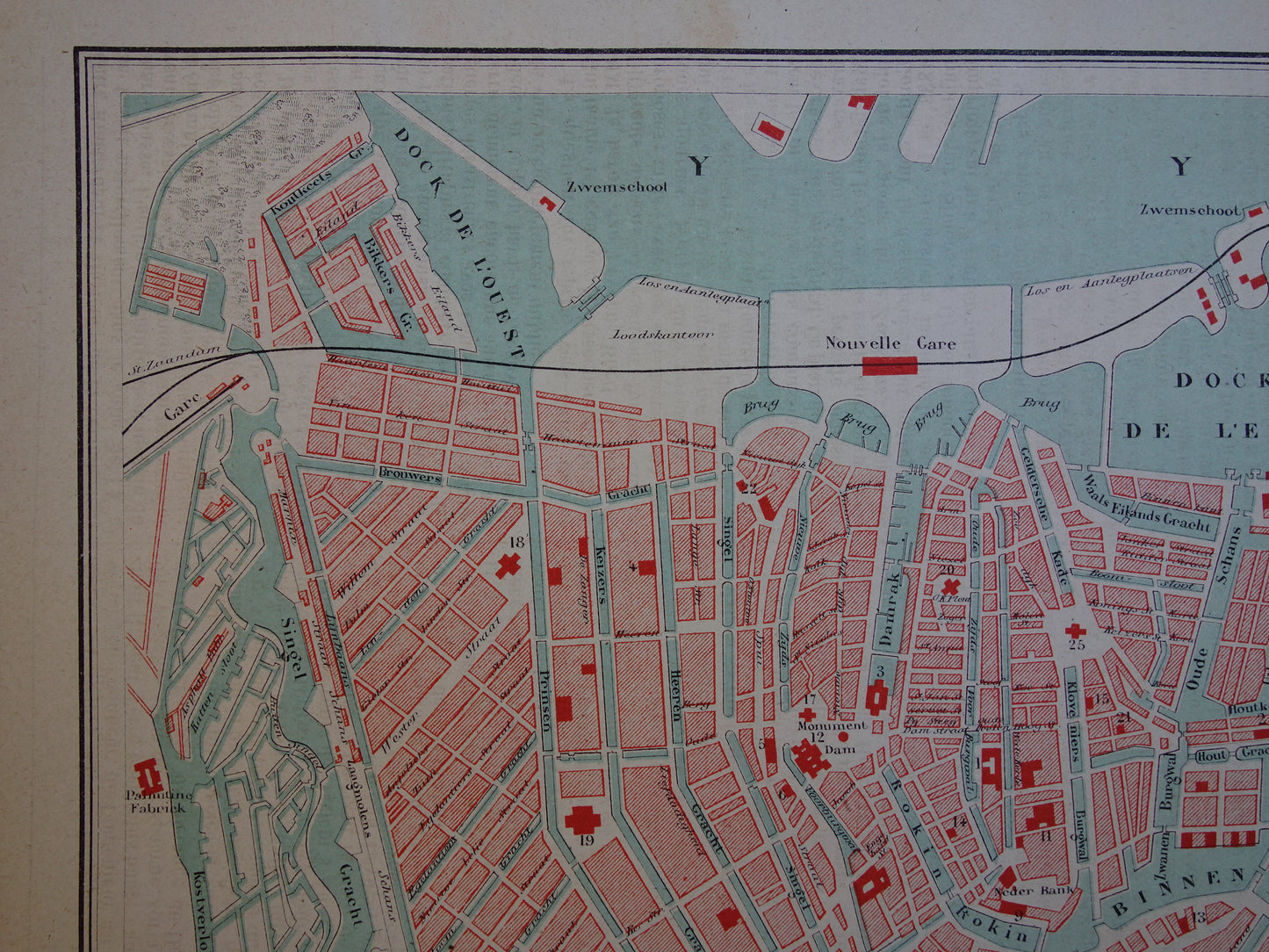 AMSTERDAM oude kaart van Amsterdam uit 1877 originele antieke Franse plattegrond Centraal Station