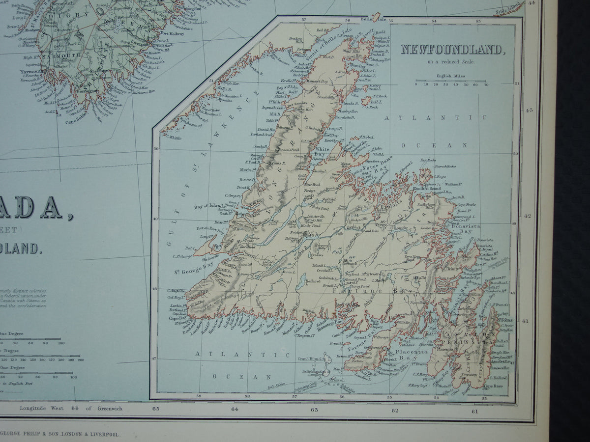 KANADA Große antike Karte von Neufundland, Québec, Nova Scotia, Braunschweig, 1890, altes englisches Kartenposter