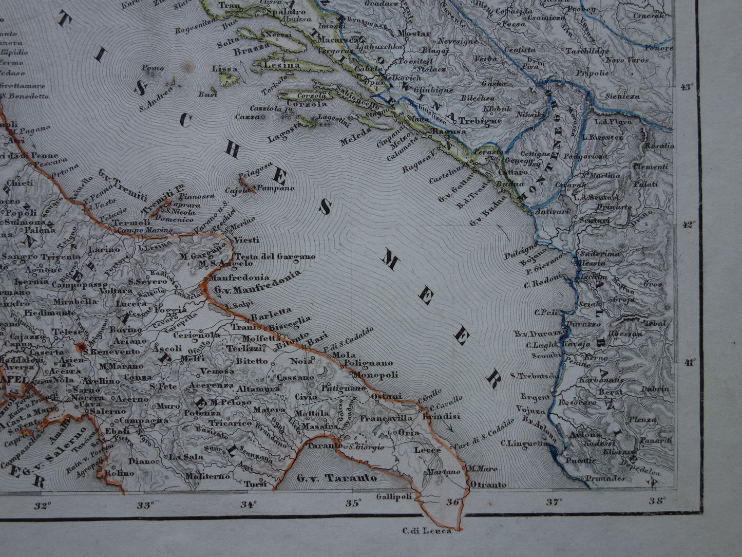 ADRIATISCHE ZEE Oude kaart van Italië Kroatië in 1852 originele antieke landkaart Bosnië Montenegro - vintage kaarten