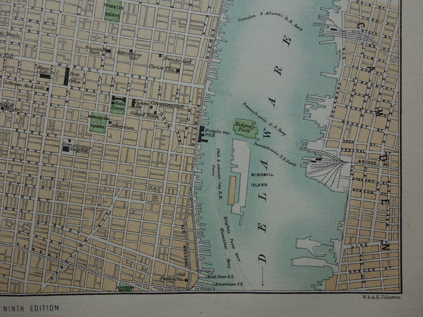 PHILADELPHIA oude plattegrond van centrum Philadelphia antieke kaart VS vintage kaarten