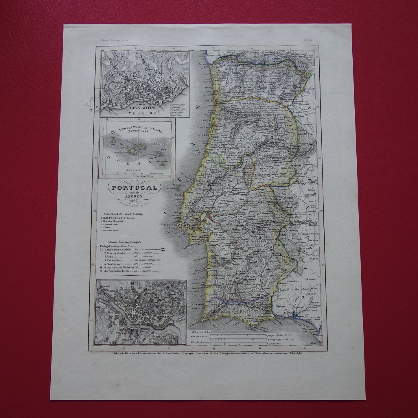 PORTUGAL Oude kaart van Portugal Azoren in 1849 originele antieke landkaart - vintage kaarten Lissabon Porto