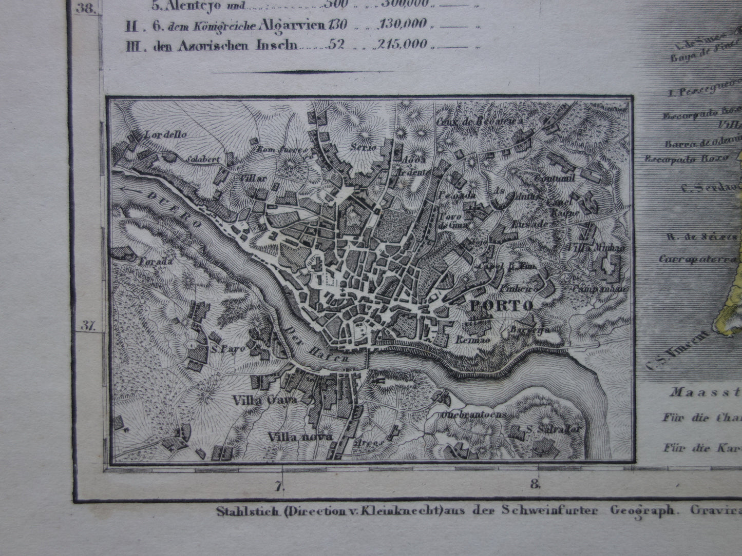PORTUGAL Oude kaart van Portugal Azoren in 1849 originele antieke landkaart - vintage kaarten Lissabon Porto