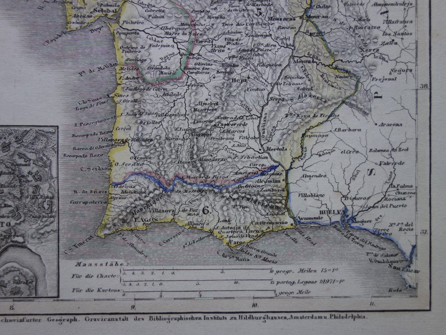 PORTUGAL Oude kaart van Portugal Azoren in 1849 originele antieke landkaart - vintage kaarten Lissabon Porto