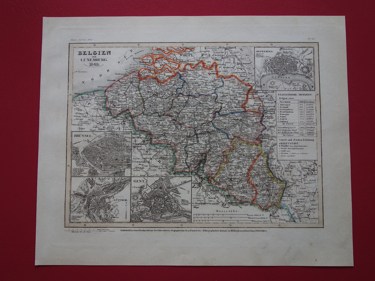 België Oude kaart van België en Luxemburg in 1849 originele antieke landkaart