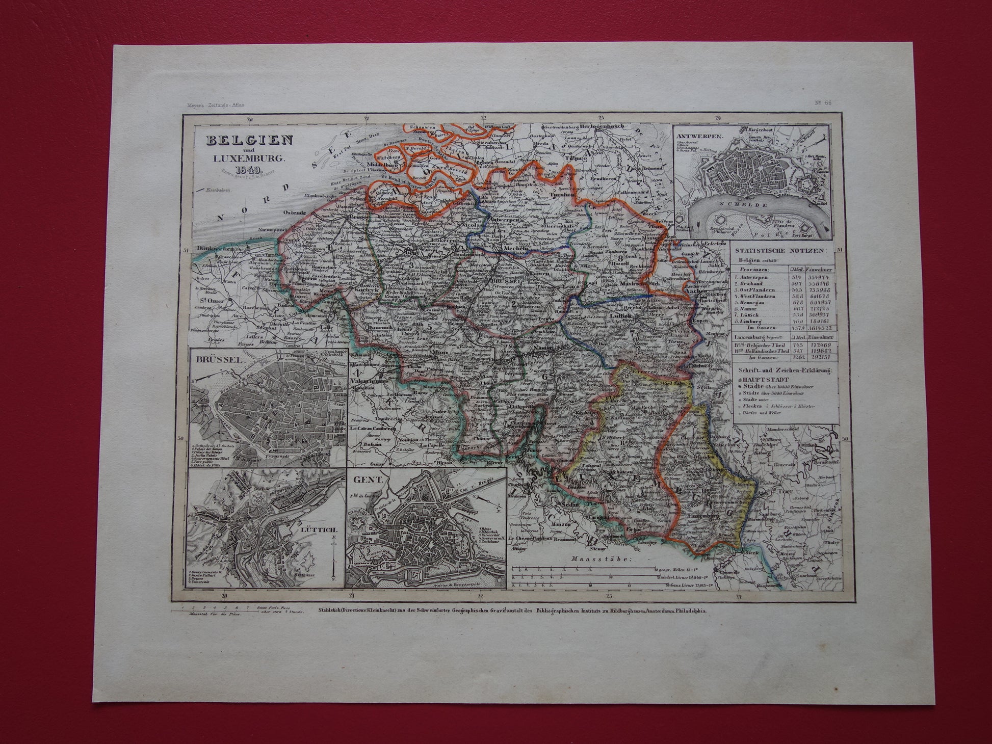 België Oude kaart van België en Luxemburg in 1849 originele antieke landkaart