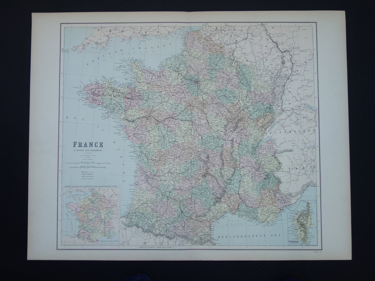 Grote oude landkaart van Frankrijk uit 1877 originele antieke kaart poster