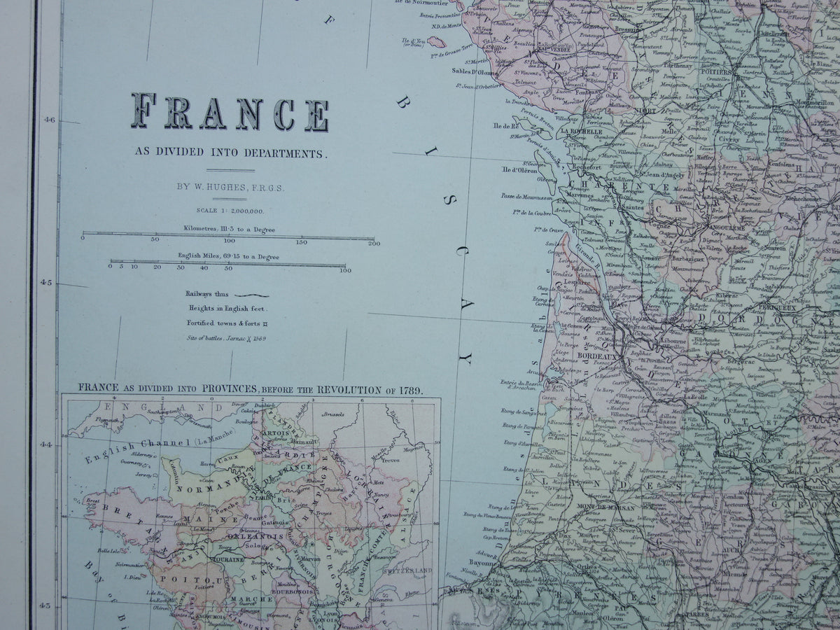 Grote oude landkaart van Frankrijk uit 1877 originele antieke kaart poster