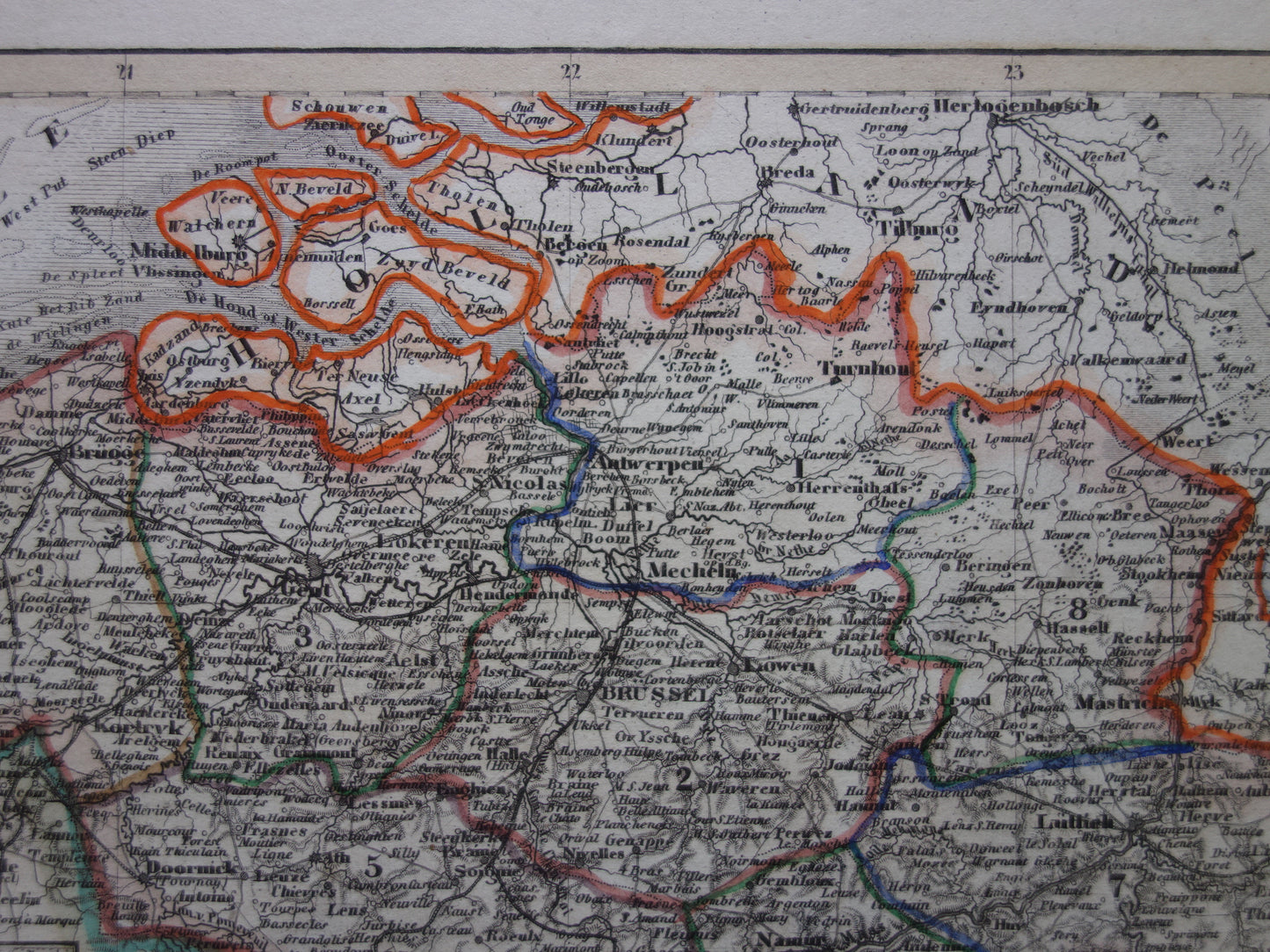 België Oude kaart van België en Luxemburg in 1849 originele antieke landkaart - vintage kaarten Antwerpen Brussel Gent Luik