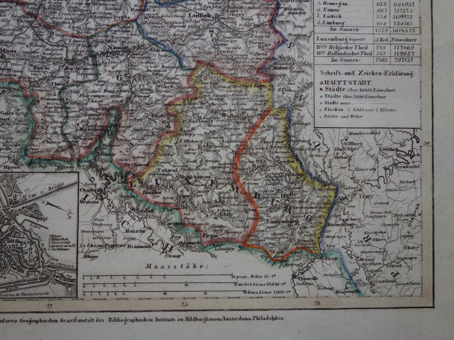 België Oude kaart van België en Luxemburg in 1849 originele antieke landkaart - vintage kaarten Antwerpen Brussel Gent Luik
