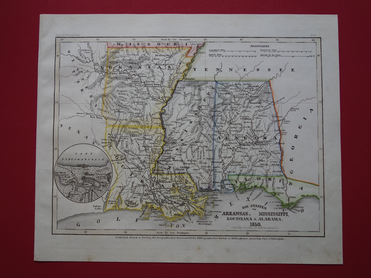 Oude kaart Alabama Mississippi Louisiana en Arkansas Verenigde Staten - 1850 originele antieke landkaart VS New Orleans - vintage kaarten