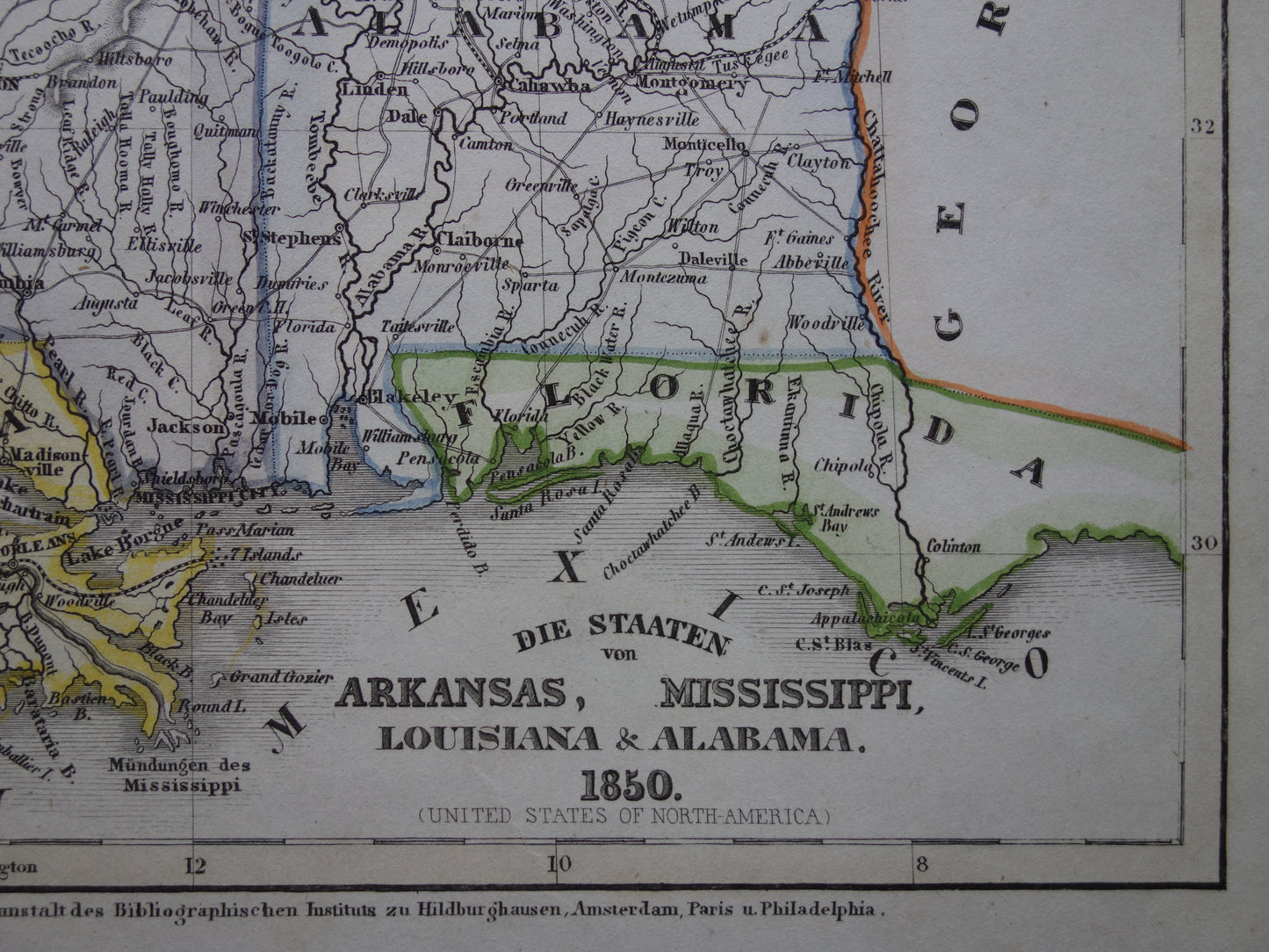 Oude kaart Alabama Mississippi Louisiana en Arkansas Verenigde Staten - 1850 originele antieke landkaart VS New Orleans - vintage kaarten