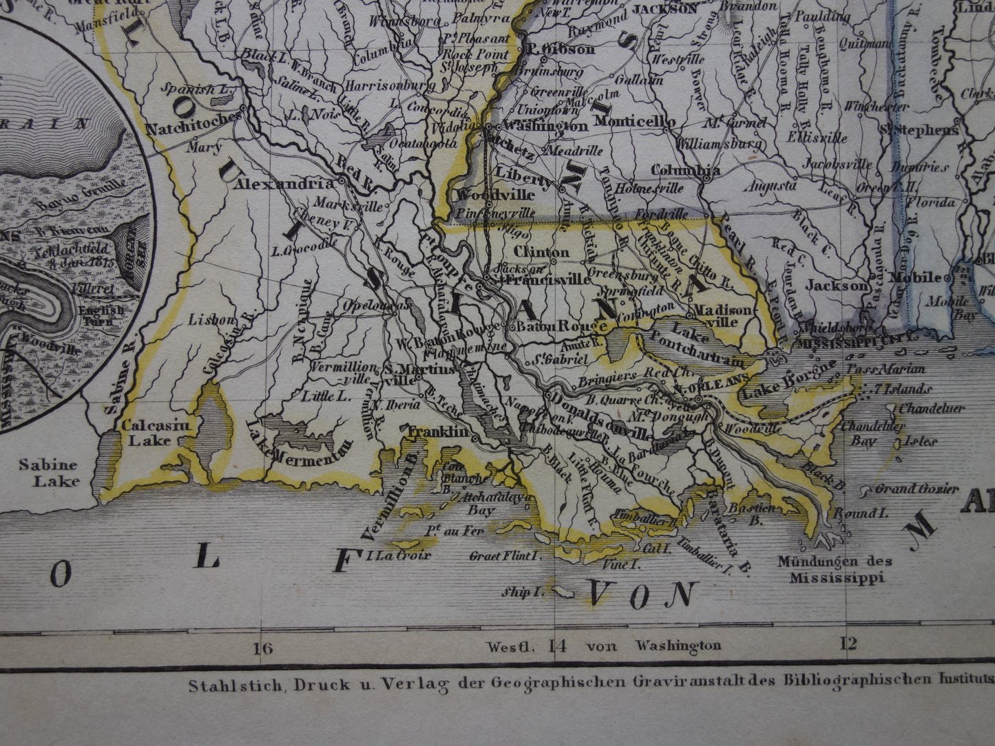 Oude kaart Alabama Mississippi Louisiana en Arkansas Verenigde Staten - 1850 originele antieke landkaart VS New Orleans - vintage kaarten