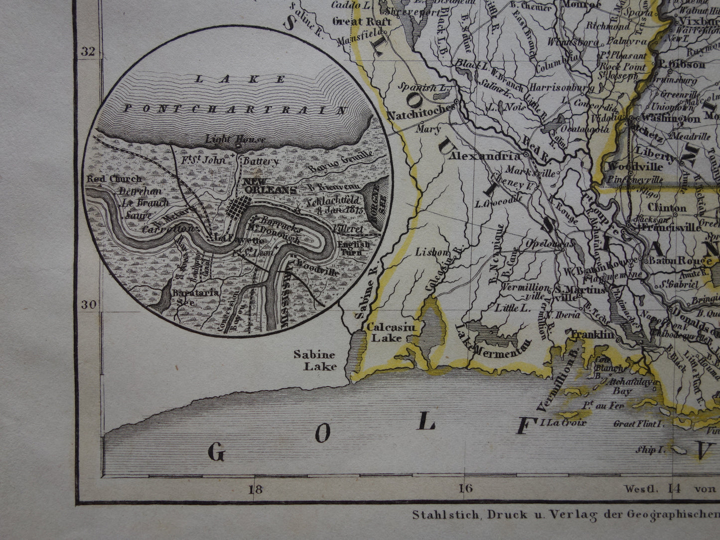 Oude kaart Alabama Mississippi Louisiana en Arkansas Verenigde Staten - 1850 originele antieke landkaart VS New Orleans - vintage kaarten