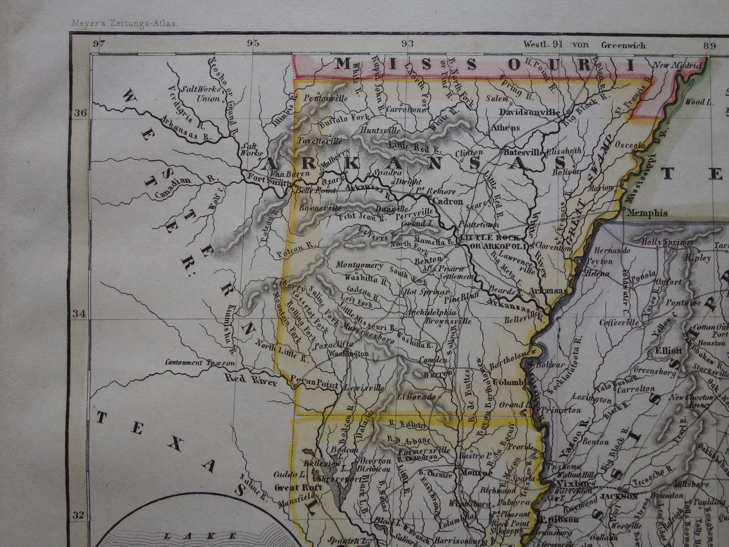 Oude kaart Alabama Mississippi Louisiana en Arkansas Verenigde Staten - 1850 originele antieke landkaart VS New Orleans - vintage kaarten