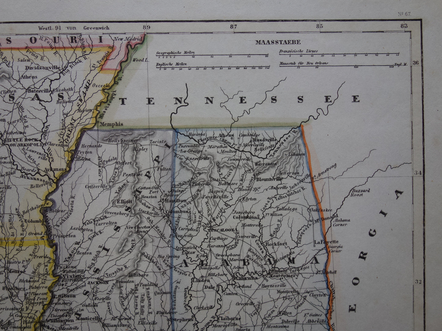 Oude kaart Alabama Mississippi Louisiana en Arkansas Verenigde Staten - 1850 originele antieke landkaart VS New Orleans - vintage kaarten