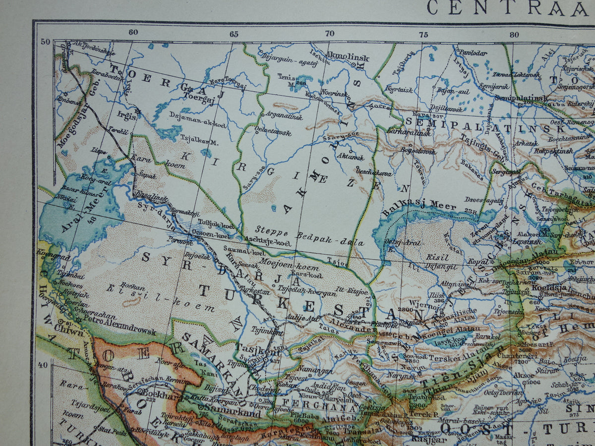 CENTRAL ASIA old map of Tibet Kashmir Turkestan Himalaya old Dutch map Uzbekistan Kyrgyzstan Tajikistan
