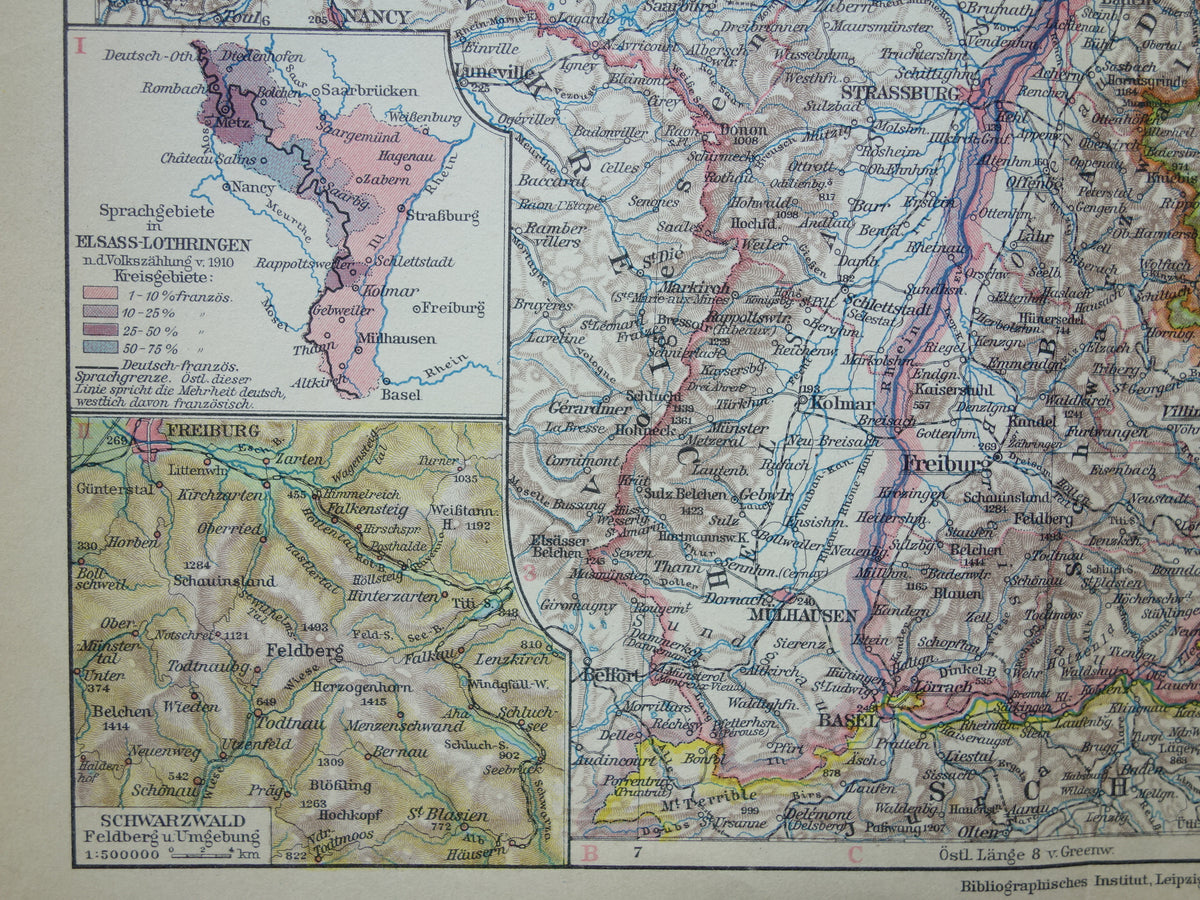 Oude landkaart van Baden-Württemberg Duitsland uit 1928 originele vintage kaart Stuttgart Elzas-Lotharingen
