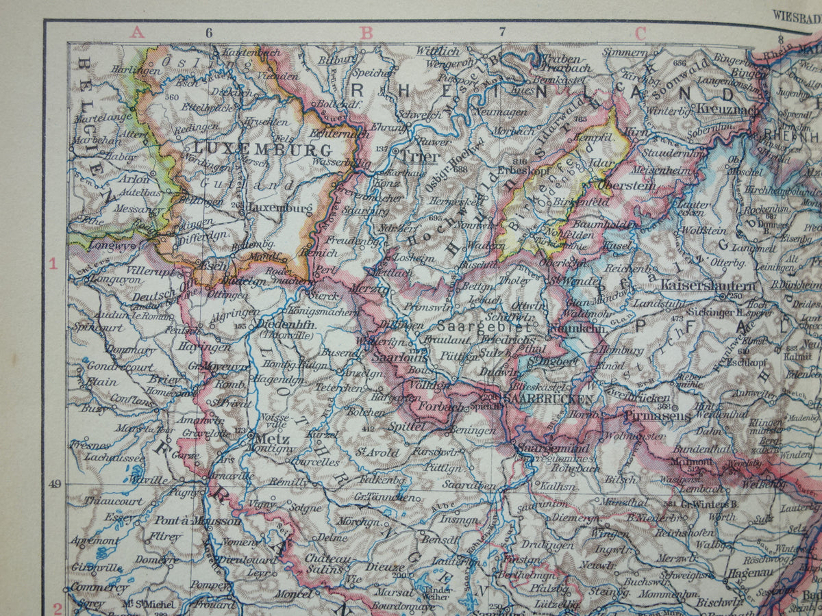 Oude landkaart van Baden-Württemberg Duitsland uit 1928 originele vintage kaart Stuttgart Elzas-Lotharingen