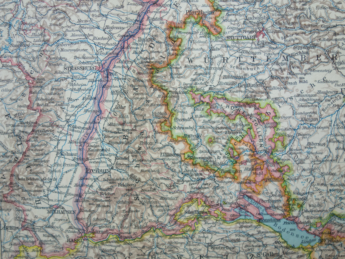 Oude landkaart van Baden-Württemberg Duitsland uit 1928 originele vintage kaart Stuttgart Elzas-Lotharingen