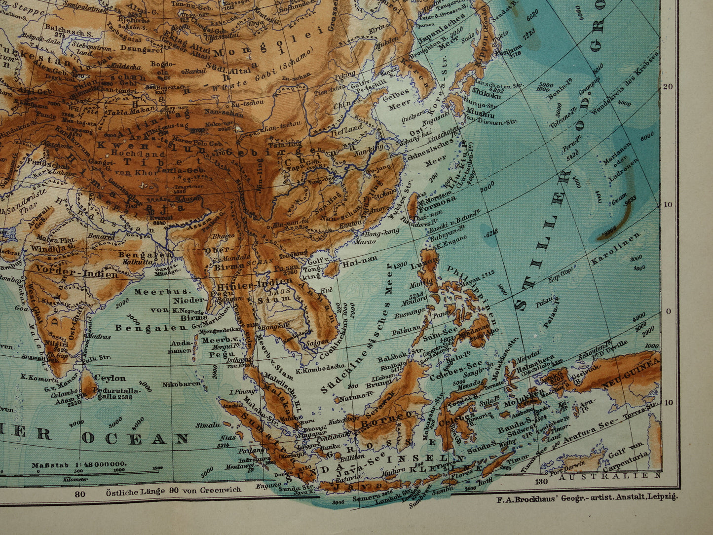AZIË oude kaarten van Azië uit 1909 set van 2 originele antieke Duitse landkaarten Politieke kaart en hoogtekaart
