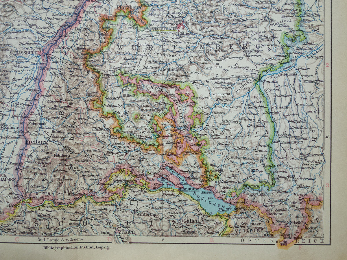 Oude landkaart van Baden-Württemberg Duitsland uit 1928 originele vintage kaart Stuttgart Elzas-Lotharingen