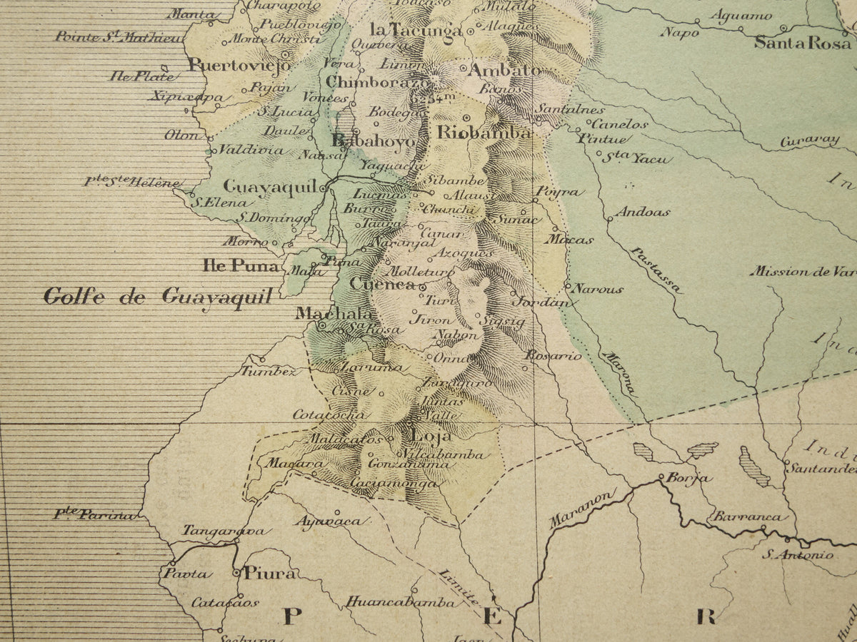 ECUADOR oude kaart uit 1896 originele antieke Franse handgekleurde landkaart Ecuador