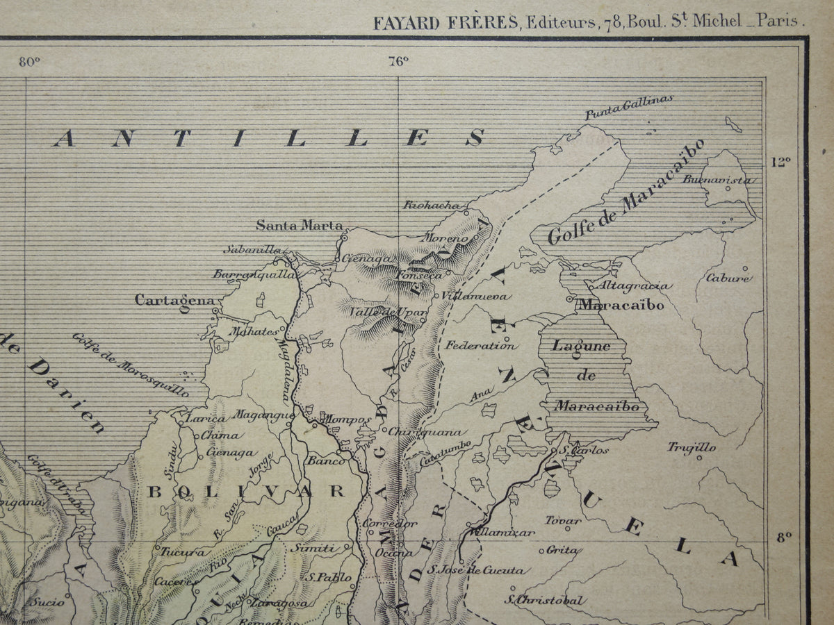 COLOMBIA Old map of Colombia Original antique French hand-colored map