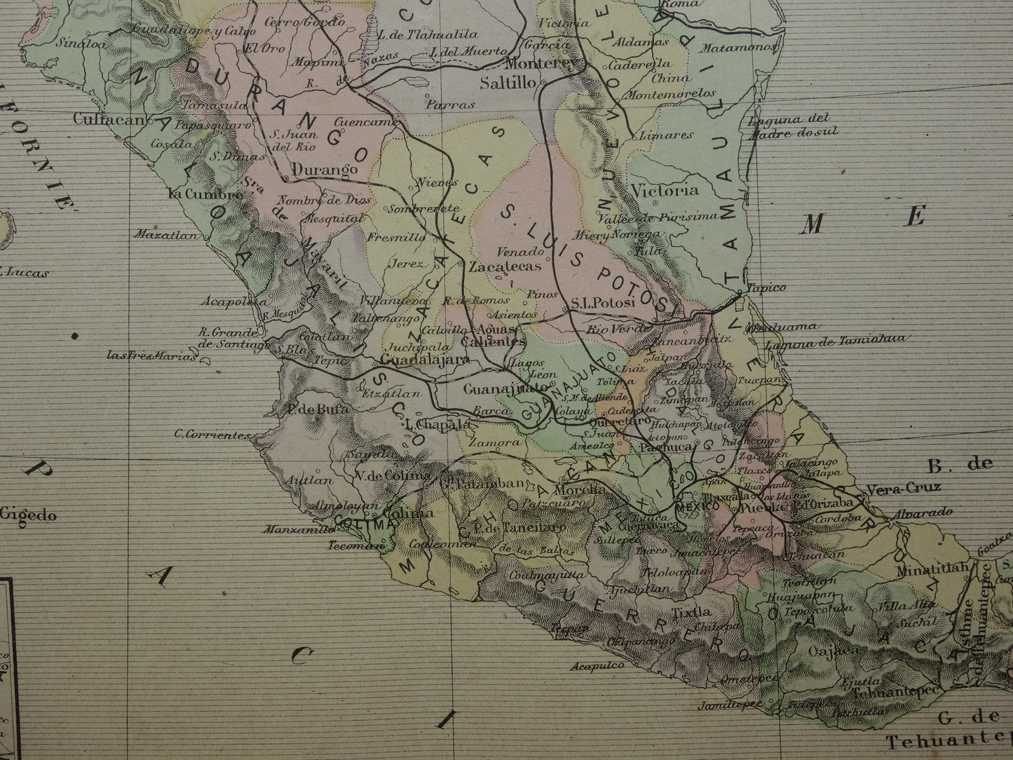 MEXICO oude kaart van Mexico 1896 originele antieke Franse landkaart