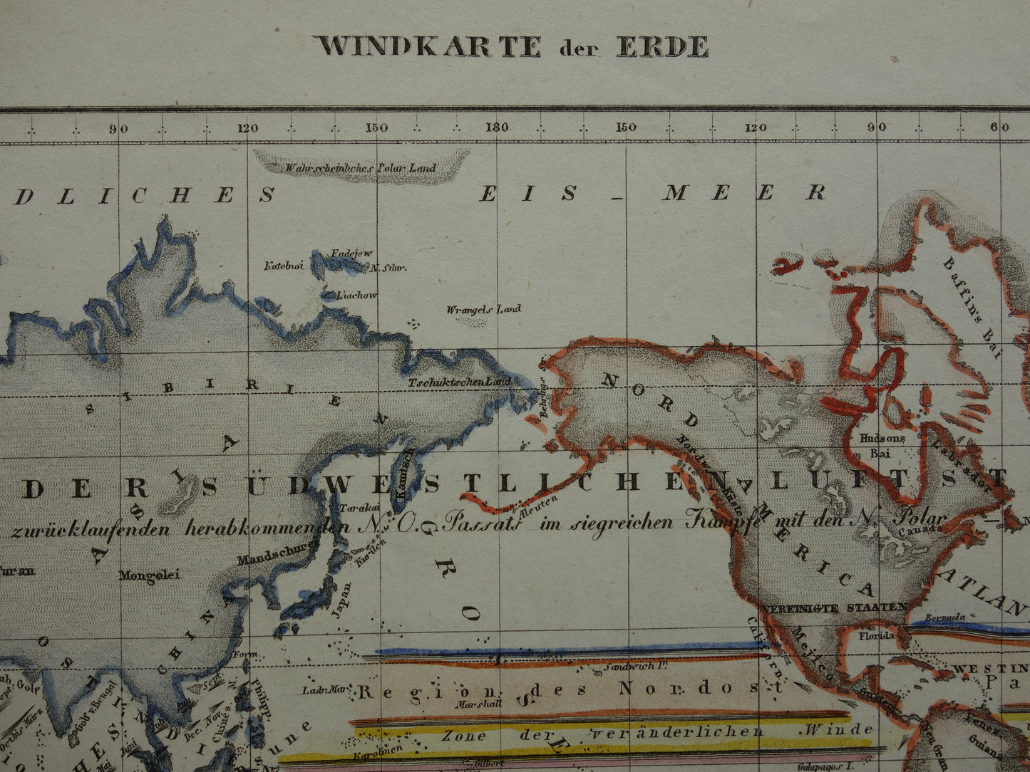 Historische wereldkaart luchtstromingen 1850 originele antieke kaart metereologie wind windrichting landkaart wereld