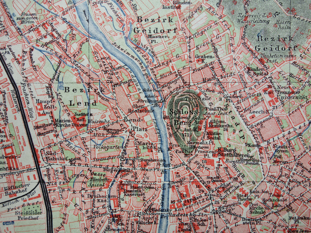GRAZ oude plattegrond van Graz Oostenrijk uit 1907 - originele kleine vintage historische kaart met jaartal