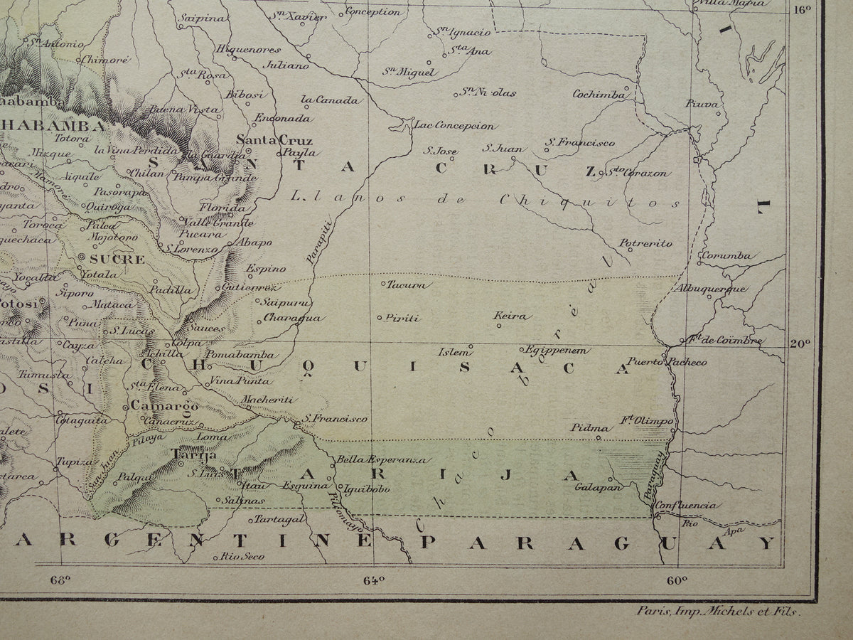 Alte Karte von Bolivien aus dem Jahr 1896, originale antike französische Karte