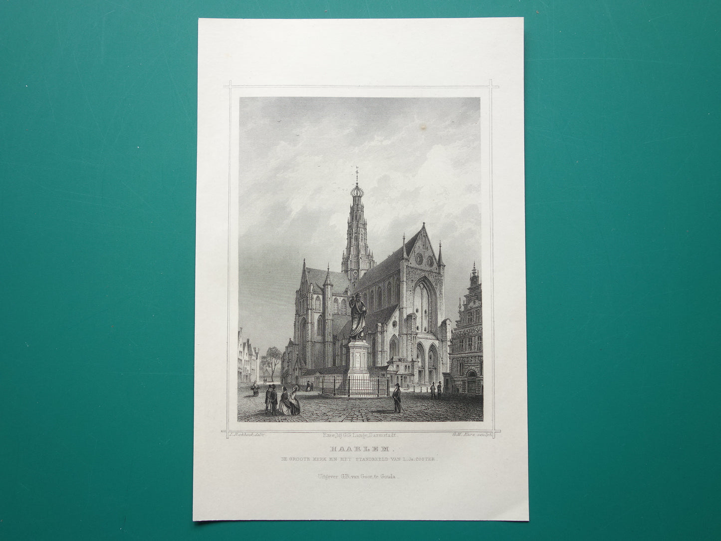 Haarlem Oude prent Grote Kerk uit 1858 Originele antieke gravure Sint-Bavokerk Terwen Koningrijk der Nederlanden standbeeld Coster