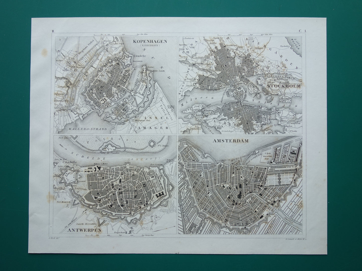 Amsterdam Antwerpen Stockholm Kopenhagen antieke plattegrond 175+ jaar oude kaart met plattegronden van Europese steden uit 1849 - originele vintage historische kaarten