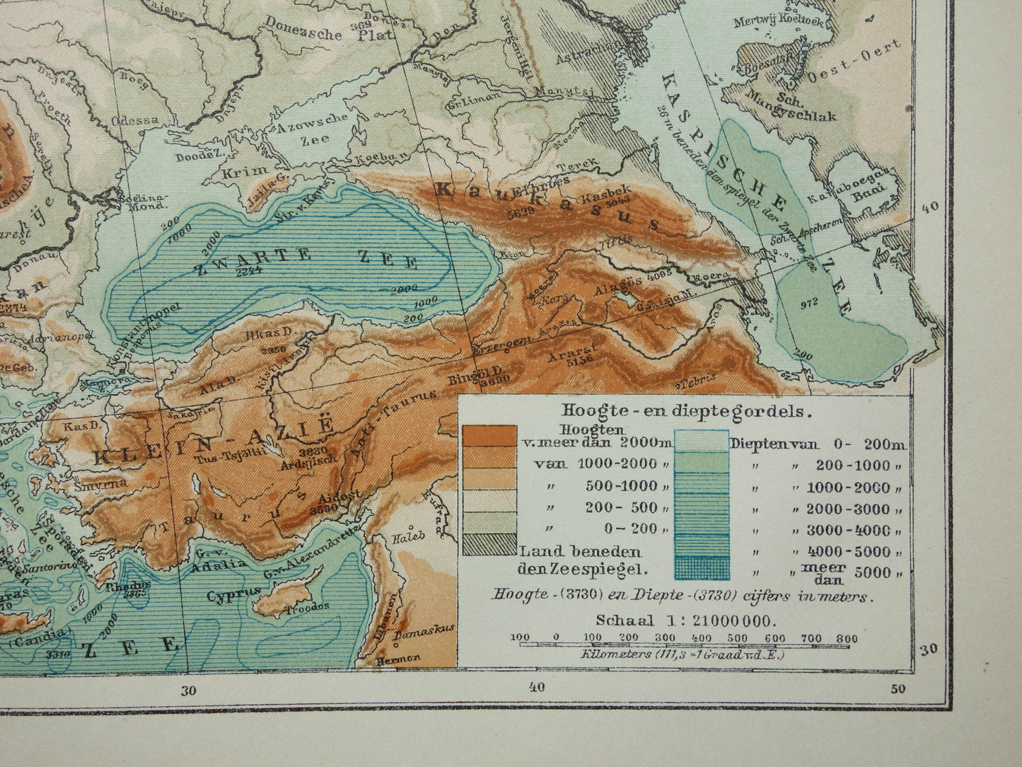EUROPE Old height map of Europe from 1916 original Dutch antique vintage map Mountains Rivers Geology map