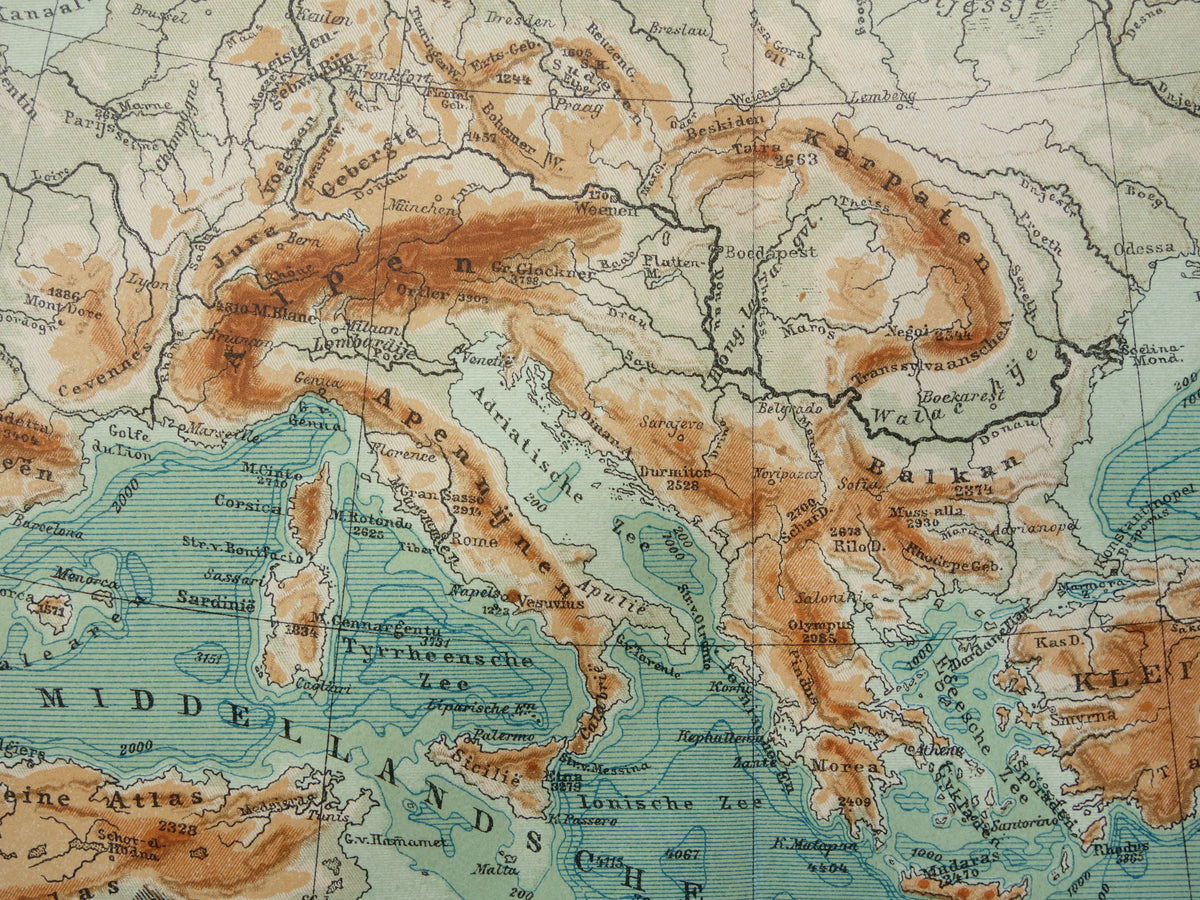EUROPE Old height map of Europe from 1916 original Dutch antique vintage map Mountains Rivers Geology map