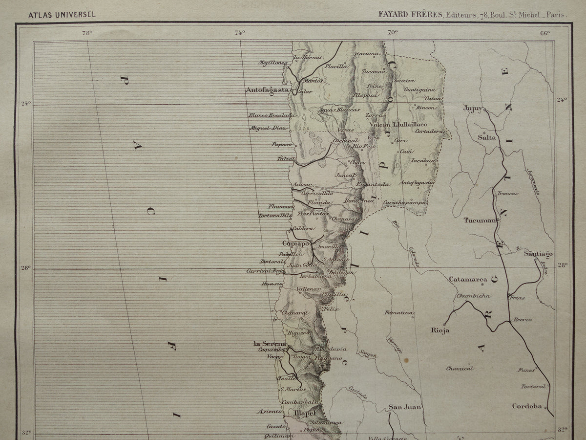 Chile alte Karte von 1896 originale antike französische Karte von Chile