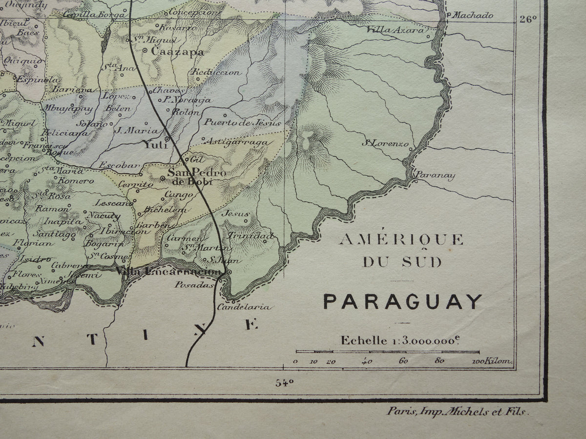 PARAGUAY oude landkaart uit 1896 originele antieke Franse kaart van Paraguay