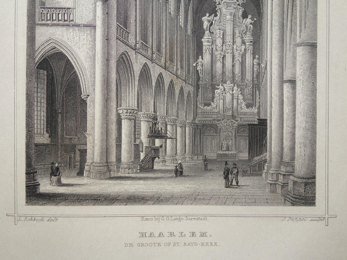 Haarlem Alter Druck Innenansicht Grote Kerk von 1858 Originaler antiker Stich Sint-Bavokerk Terwen Königreich der Niederlande De Groote of St Bavo-Kerk