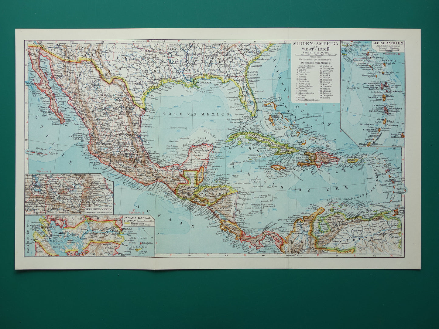 ANTILLEN Oude Nederlandse kaart van het Caribisch gebied West-Indië Midden-Amerika Originele vintage landkaart